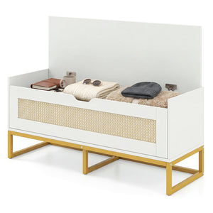 39.5 inches Rattan Storage Chest Wicker Shoe Bench with Padded Seat Flip-Top-White view 4