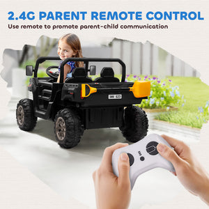 Aosom 12V Ride on Car with Electric Bucket, Two-Seater, Shovel, Remote Control, Spring Suspension, Horn, Music