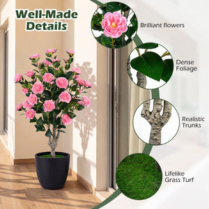 39.5 inches Artificial Camellia Tree with Orange Blossoms in Cement Pot for Home Decoration-Pink view 9