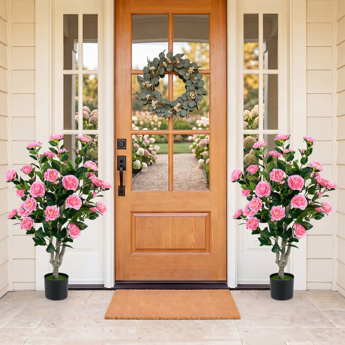 39.5 inches Artificial Camellia Tree with Orange Blossoms in Cement Pot for Home Decoration-Pink view 2
