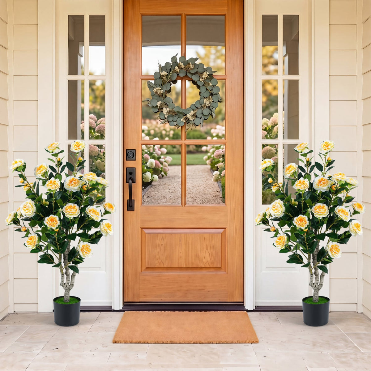 39.5 inches Artificial Camellia Tree with Orange Blossoms in Cement Pot for Home Decoration-White view 2