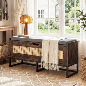 39.5 inches Rattan Storage Chest Wicker Shoe Bench with Padded Seat Flip-Top-Rustic Brown view 3