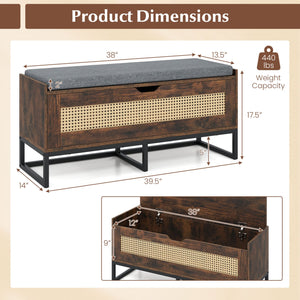 39.5 inches Rattan Storage Chest Wicker Shoe Bench with Padded Seat Flip-Top-Rustic Brown view 4