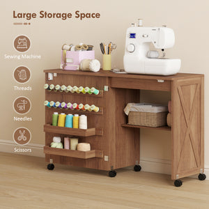 Sewing Machine Table on Wheels, Folding Craft Table with 2 Bins, Storage Shelf, 18 Pegs, Lockable Wheels โ view 3
