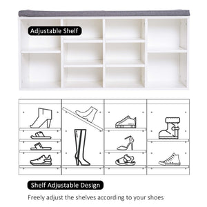 Shoe Bench with Storage, Upholstered Entryway Bench with Adjustable Shelves, Cushion for Living Room, Hallway, White