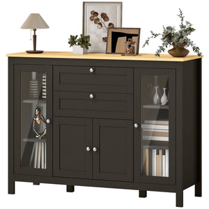 Buffet Cabinet Sideboard with 2 Drawers, 3 Storage Cabinets, Glass Doors and Adjustable Shelves, Dark Brown