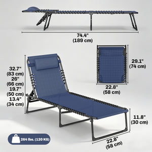 Folding Lounge Chair, Adjustable Chaise Lounge with Headrest, Reclining Lounger Cot for Camping, Hiking – view 3