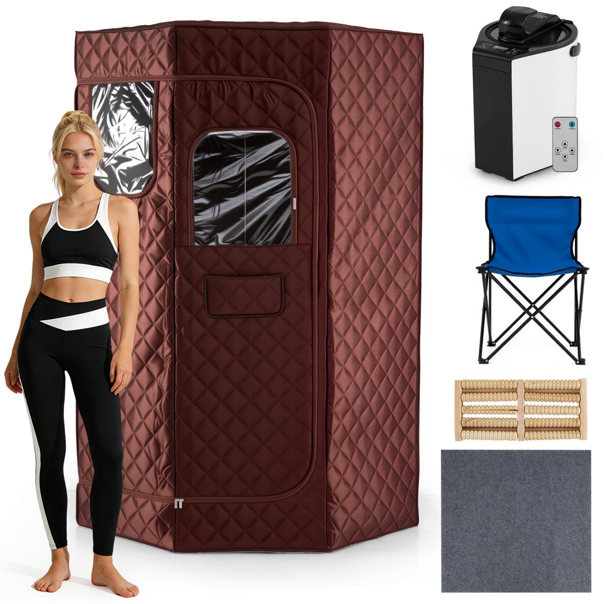 3L Portable Steam Sauna for Home Fast-Heat with 9-Level Remote Control and Folding Chair-Brown view 2