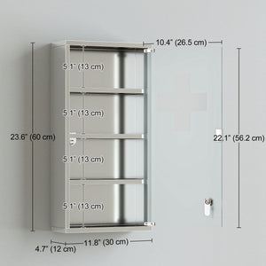 Wall Mount Medicine Cabinet, Bathroom Cabinet with 3 Tier Shelves, Stainless Steel Frame and Glass Door, Lockable with 2 Keys, Silver, 12" x 23.5"