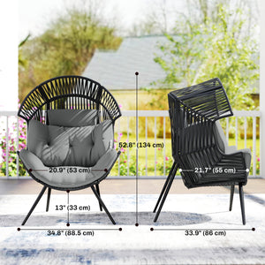 Wicker Egg Chair, Indoor Outdoor Rattan Lounge Chair with Thick Cushion and Headrest, Steel Frame, Adjustable Pads, Grey