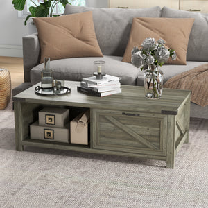 Farmhouse Coffee Table with Drawer and Storage Shelf, Rustic Center Table for Living Room, Meeting Room, Grey