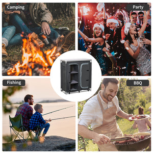 Aluminum Camping Table, Camping Kitchen Station Cook Cupborad with 3-Shelf, Storage Organiser for BBQ Party Picnic Grey