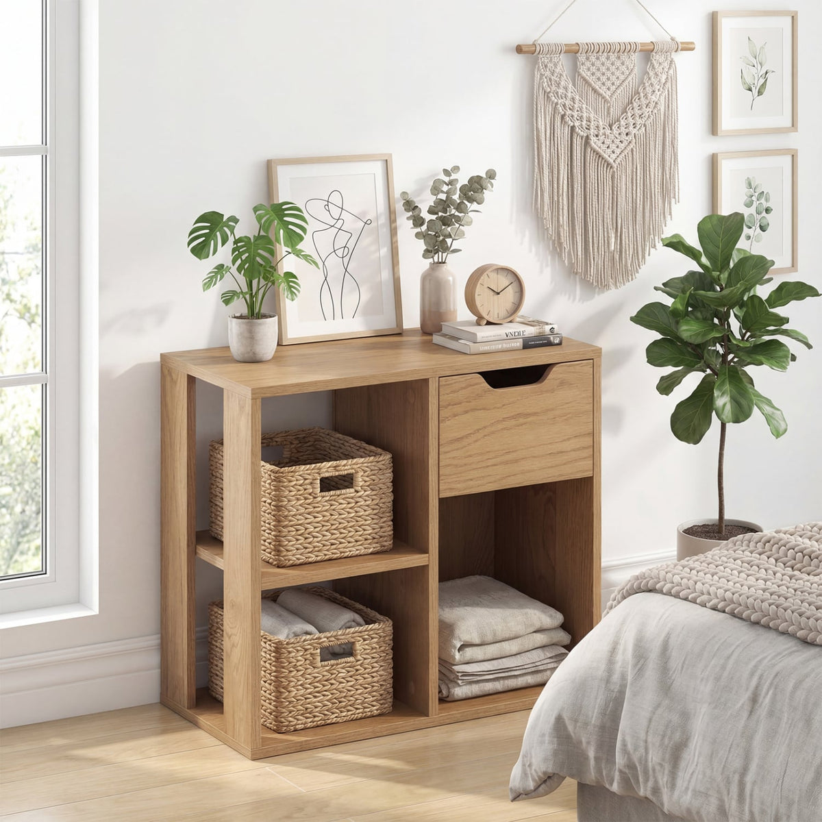 3-Cube Bookcase 2-tier Wooden Storage Shelf with Pull-out Drawer-Natural view 2
