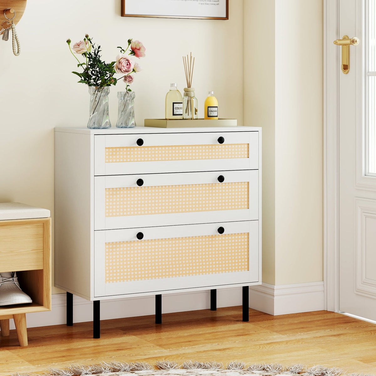 3-Drawer Rattan Nightstand Boho Chest of Drawers for Bedroom-White view 2