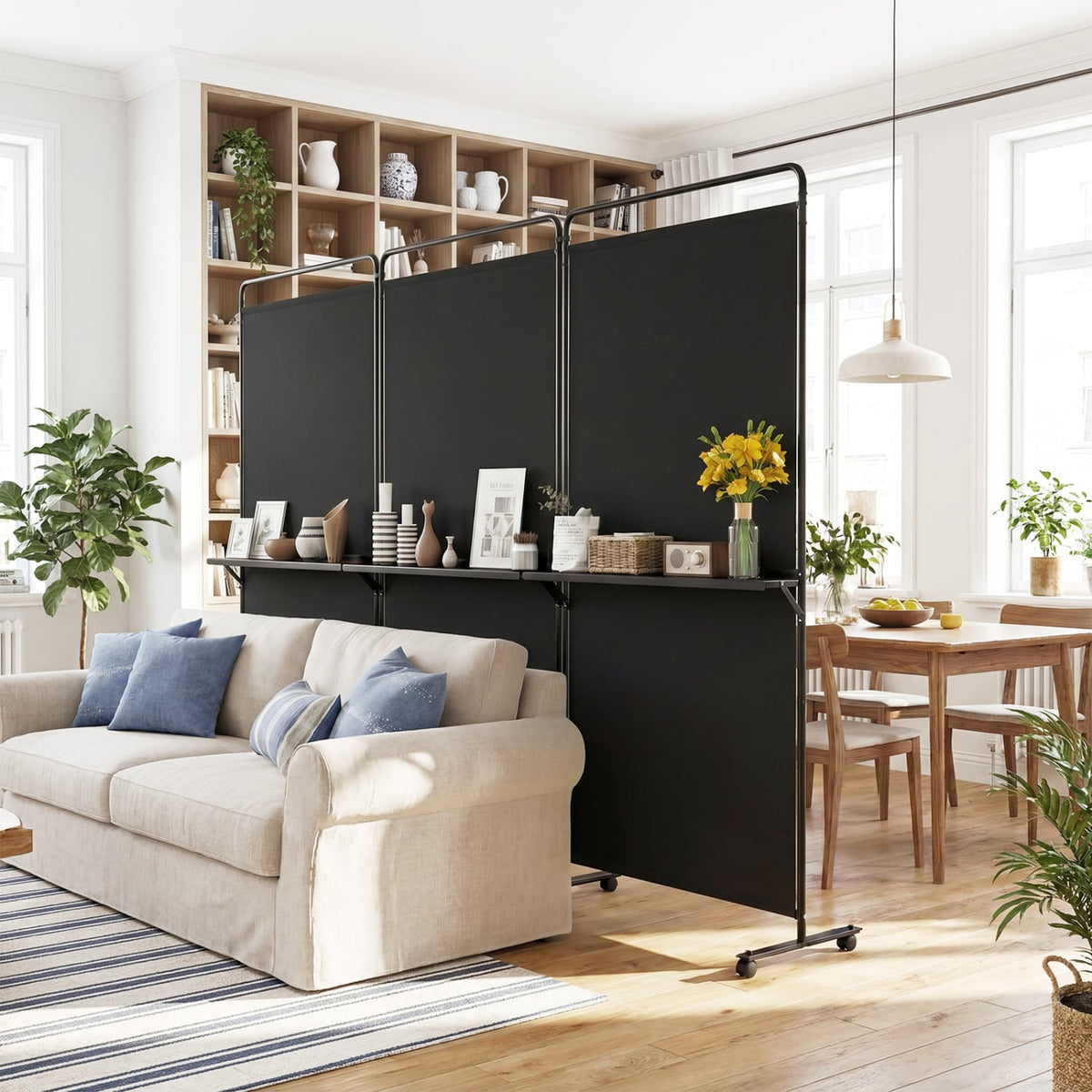 3-Panel Room Divider with Shelves 6 FT Tall Folding Privacy Screen with Lockable Wheels-Black view 2