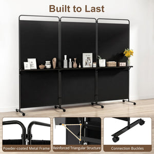 3-Panel Room Divider with Shelves 6 FT Tall Folding Privacy Screen with Lockable Wheels-Black view 7