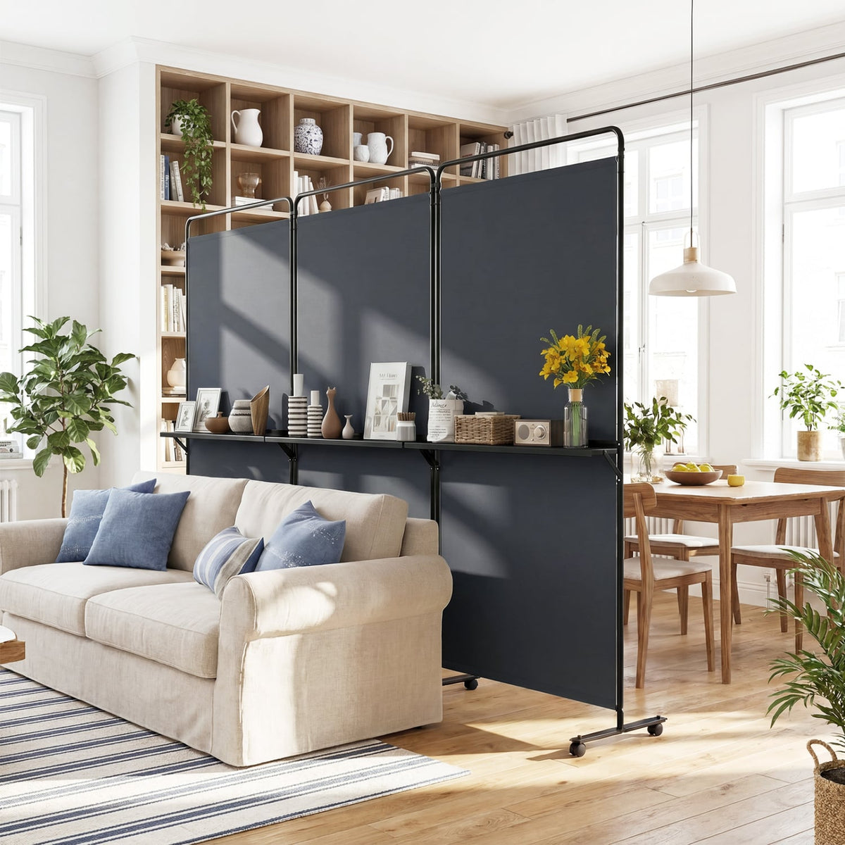 3-Panel Room Divider with Shelves 6 FT Tall Folding Privacy Screen with Lockable Wheels-Gray view 2