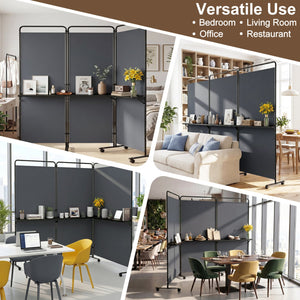 3-Panel Room Divider with Shelves 6 FT Tall Folding Privacy Screen with Lockable Wheels-Gray view 6