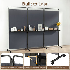 3-Panel Room Divider with Shelves 6 FT Tall Folding Privacy Screen with Lockable Wheels-Gray view 7