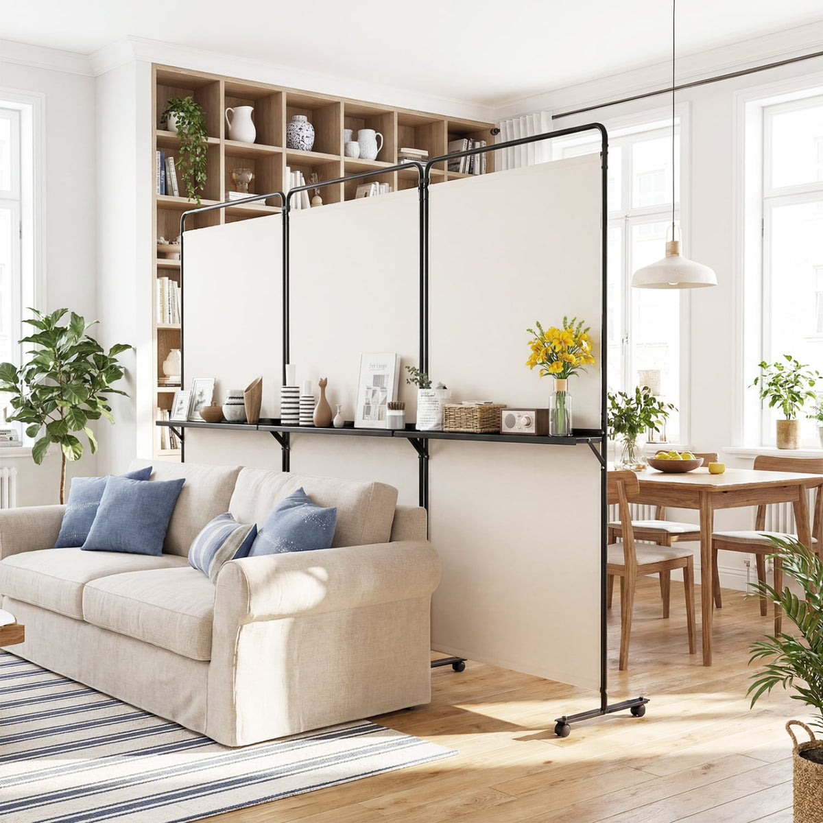 3-Panel Room Divider with Shelves 6 FT Tall Folding Privacy Screen with Lockable Wheels-White view 2