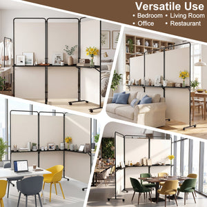 3-Panel Room Divider with Shelves 6 FT Tall Folding Privacy Screen with Lockable Wheels-White view 6