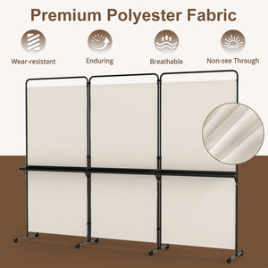 3-Panel Room Divider with Shelves 6 FT Tall Folding Privacy Screen with Lockable Wheels-White view 9