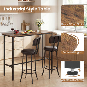 3-Piece Industrial Bar Table Set with 2 Upholstered Stools and Footrests for Dining Room-Rustic Brown view 8