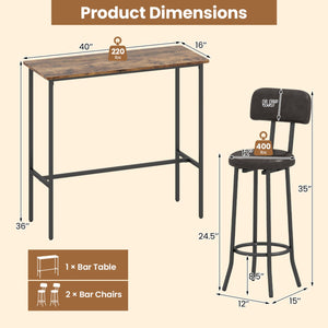 3-Piece Industrial Bar Table Set with 2 Upholstered Stools and Footrests for Dining Room-Rustic Brown view 5