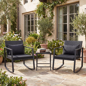 3-Piece Outdoor Rocking Bistro Set with Soft Cushions and Tempered Glass Table-Dark view 2