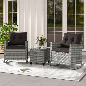 3-Piece Patio Rattan Roker Chairs with Tempered Glass Table and Soft Cushions-Mix Gray-Black view 2