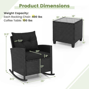 3-Piece Patio Rattan Roker Chairs with Tempered Glass Table and Soft Cushions-Black & Brown view 5