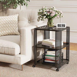 3-Tier End Table with Wheels Rolling Side Table with Open Storage Shelves-Set of 2 view 2