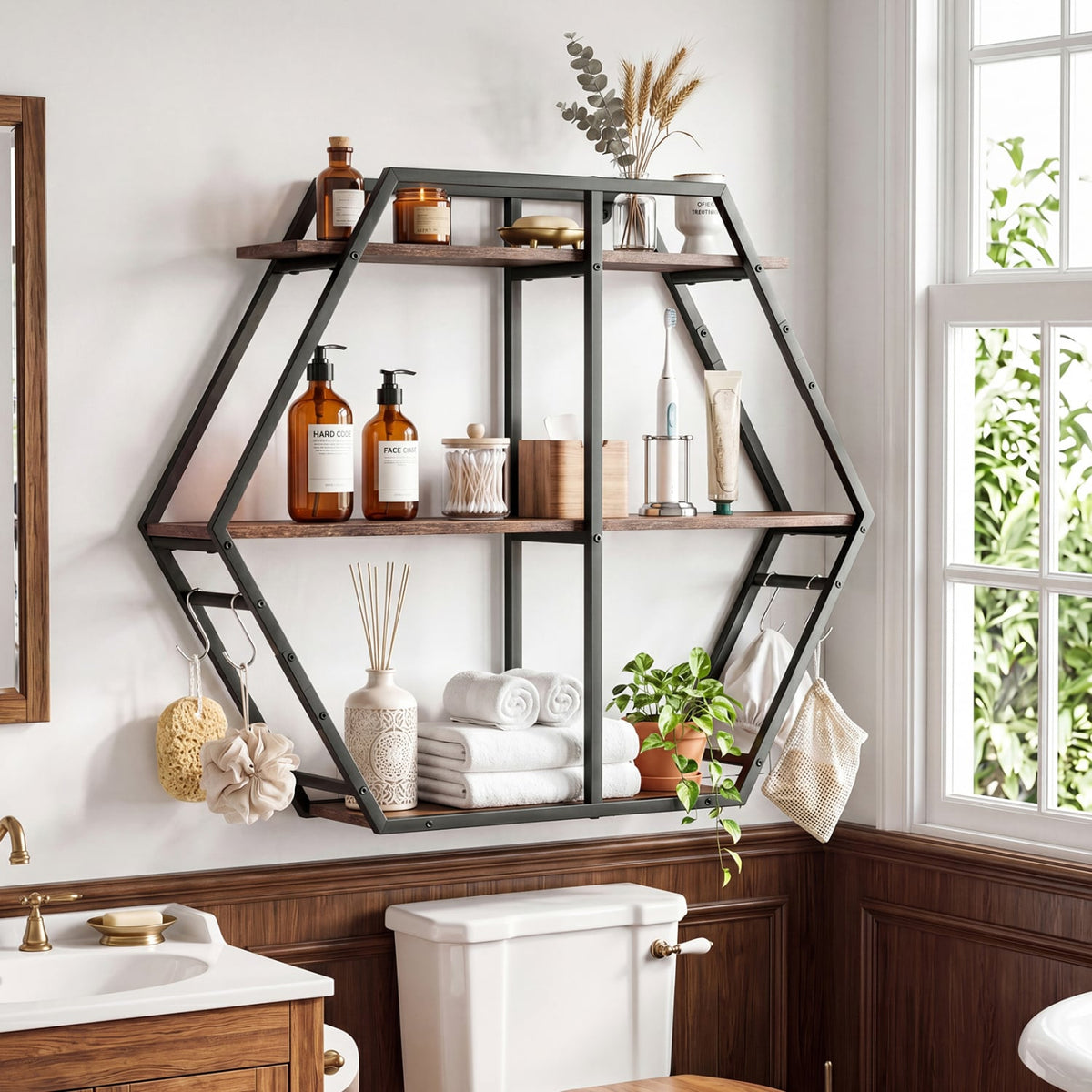 3-Tier Geometric Bookcase with S-Shaped Hooks for Living Room-Rustic Brown view 2