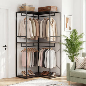 3-Tier Heavy Duty Clothes Rack with 3 Shelves & 2 Hanging Racks-Black & Brown view 3