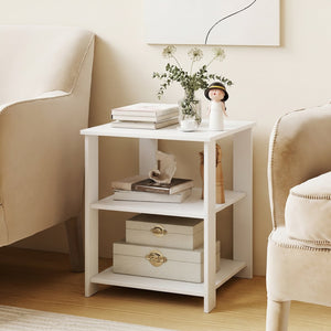3-Tier Modern Nightstand Square Side Table with Open Storage Shelves-White view 3
