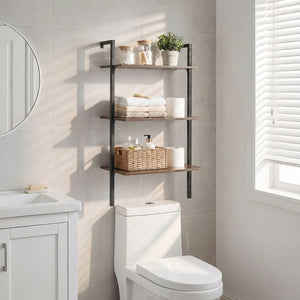 3-Tier Modern Wall Mounted Shelves Wooden Floating Shelving Unit Metal Ladder Bookshelf-Rustic Brown view 2