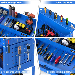 3 Tier Rolling Tool Cart with Lockable Drawer for Garage and Workshop-Blue view 7