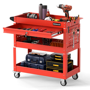 3 Tier Rolling Tool Cart with Lockable Drawer for Garage and Workshop-Red view 4
