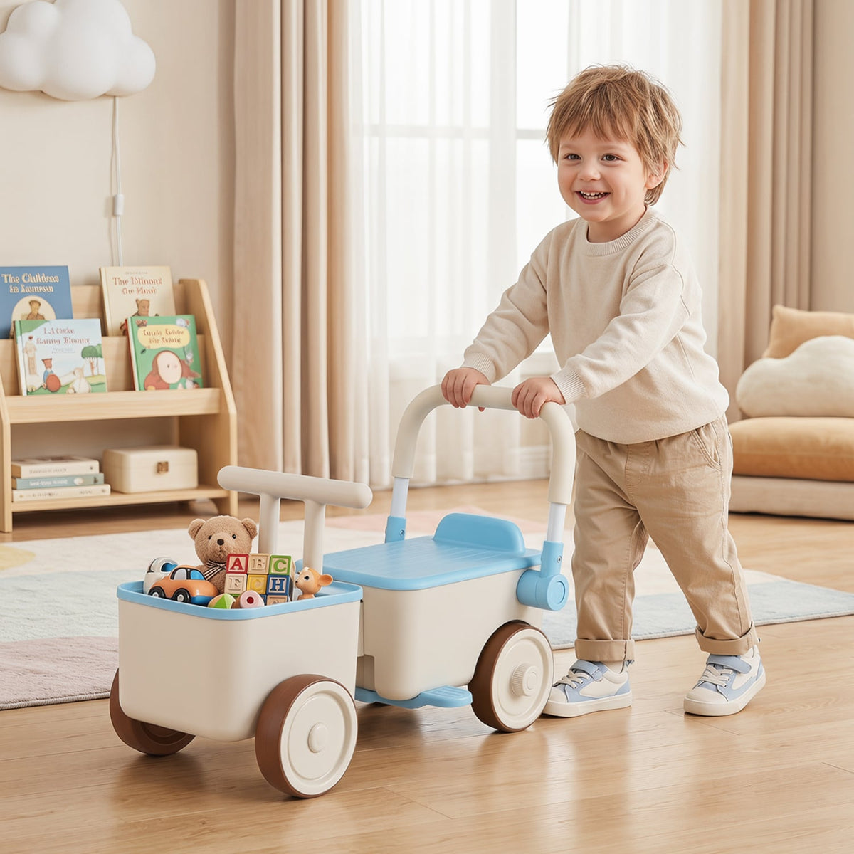 3-in-1 Kids Ride On Push Car with Rope and Storage Basket-Blue view 2