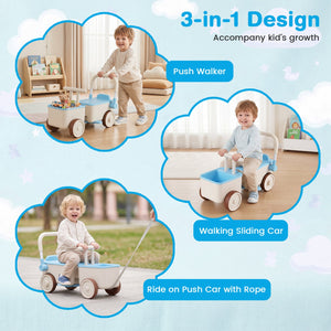 3-in-1 Kids Ride On Push Car with Rope and Storage Basket-Blue view 5