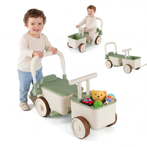 3-in-1 Kids Ride On Push Car with Rope and Storage Basket-Green view 3