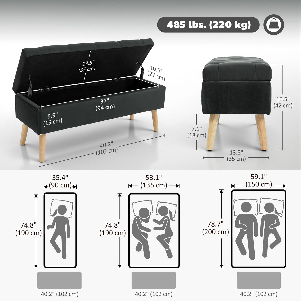 Storage Ottoman with Lid, Velvet Upholstered Storage Bench with Wood Legs for Living Room, Black – view 2
