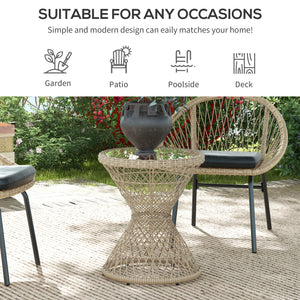 Wicker Outdoor Coffee Table, 18" Round Drum-Style Outdoor Patio Table with Tempered Glass Top, Light Brown