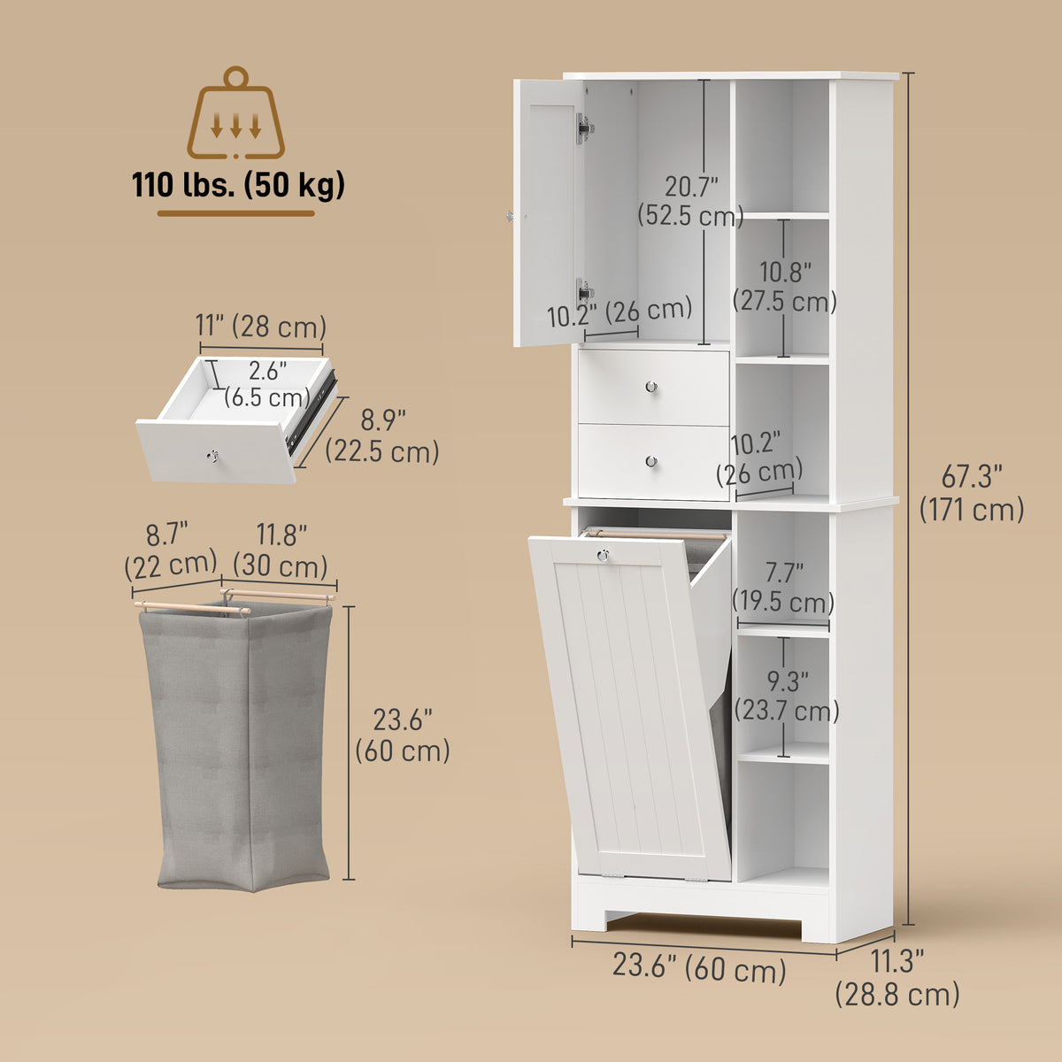 67" Tall Bathroom Storage Cabinet, Slim Bathroom Cabinet with Tilt-Out Laundry Basket, White