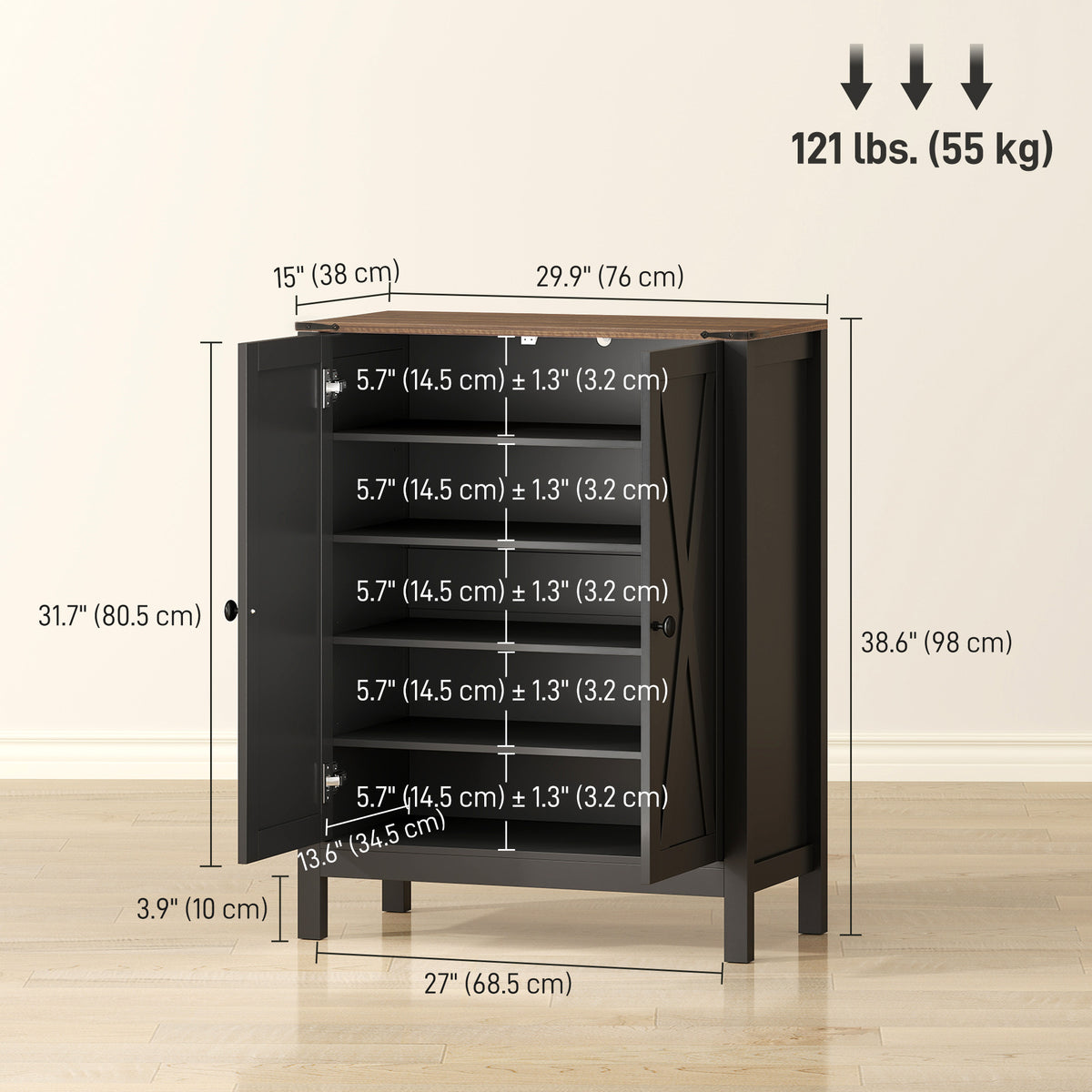 Shoe Cabinet with Barn Doors, Farmhouse Shoe Storage Cabinet with Adjustable Shelves, Holds up to 15 Pairs – view 2