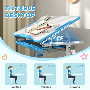 Qaba Height Adjustable Study Table and Chair Set with Drawer, Pen Slot, Tiltable Desktop, Hook
