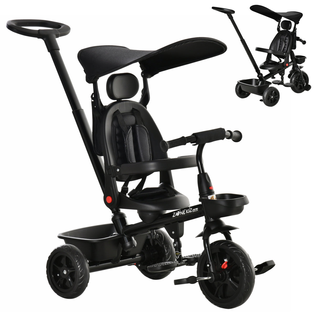 Kids Tricycle 5 In 1 Trike with Reversible Angle Adjustable Seat Removable Handle Canopy Handrail Belt – view 2
