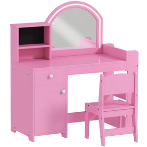 Qaba Kids Vanity Set, Toddler Dressing Table and Chair Set with Lighted Mirror, Cabinet, Drawer and Shelves