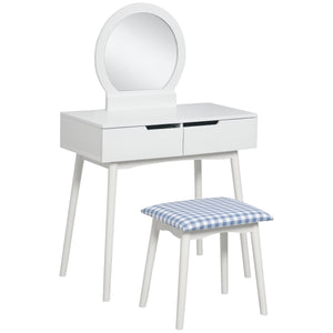 Makeup Vanity Desk with Round Mirror and 2 Drawers, Dressing Table with Cushioned Stool Set for Bedroom (White)