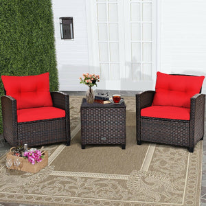 3 Pcs Patio Rattan Furniture Set Cushioned Conversation Set Coffee Table-Red view 8